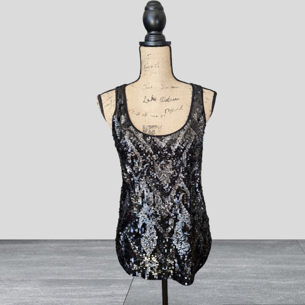 Express Black Sequined Front Fitted Tank Top Size Small